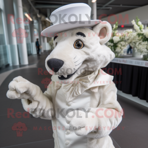 White Thylacosmilus mascot costume character dressed with a Wedding Dress and Hats