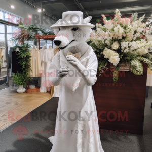 White Thylacosmilus mascot costume character dressed with a Wedding Dress and Hats