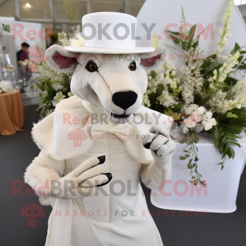 White Thylacosmilus mascot costume character dressed with a Wedding Dress and Hats White Thylacosmilus mascot costume character dressed with a Wedding Dress and Hats