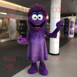 Purple Paella mascot costume character dressed with a Evening Gown and Suspenders