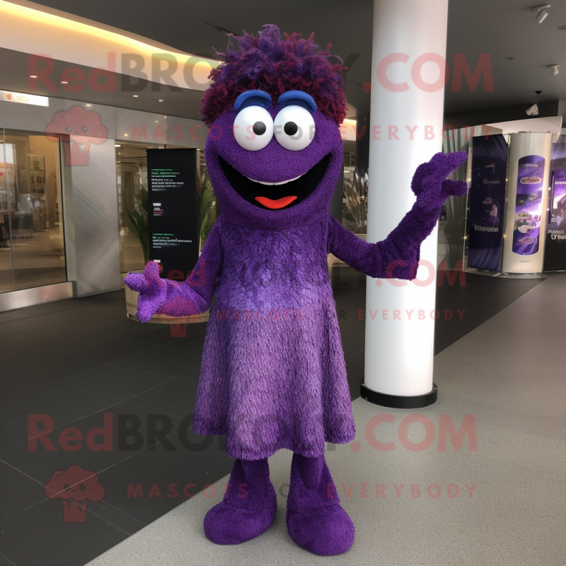 Purple Paella mascot costume character dressed with a Evening Gown and Suspenders Purple Paella mascot costume character dressed with a Evening Gown and Suspenders