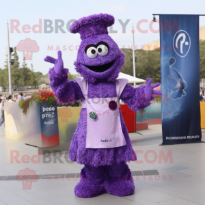 Purple Paella mascot costume character dressed with a Evening Gown and Suspenders