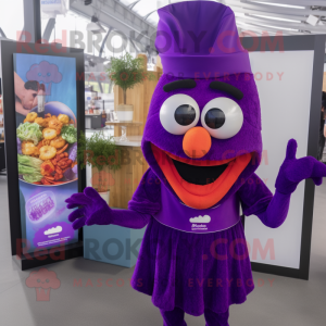 Purple Paella mascot costume character dressed with a Evening Gown and Suspenders