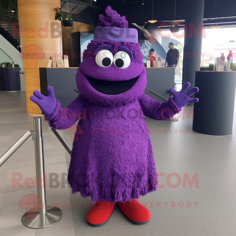 Purple Paella mascot costume character dressed with a Evening Gown and Suspenders Purple Paella mascot costume character dressed with a Evening Gown and Suspenders