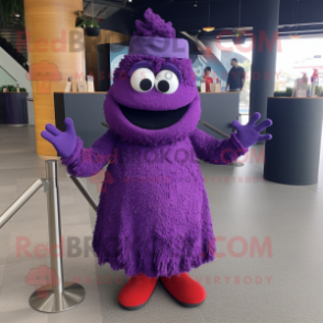 Purple Paella mascot costume character dressed with a Evening Gown and Suspenders