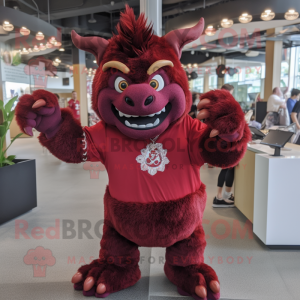 Maroon Devil mascot costume character dressed with a Button-Up Shirt and Keychains