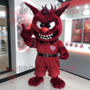 Maroon Devil mascot costume character dressed with a Button-Up Shirt and Keychains