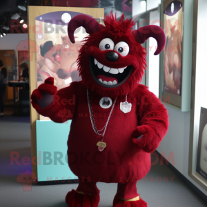 Maroon Devil mascot costume character dressed with a Button-Up Shirt and Keychains