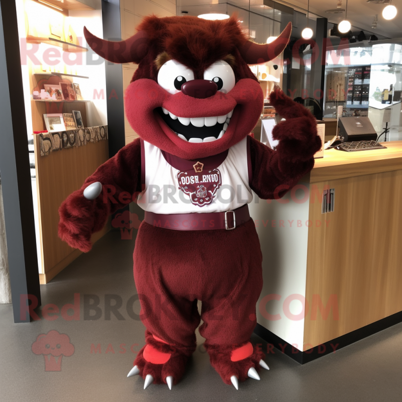 Maroon Devil mascot costume character dressed with a Button-Up Shirt and Keychains Maroon Devil mascot costume character dressed with a Button-Up Shirt and Keychains