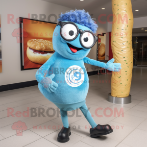 Blue Bagels mascot costume character dressed with a Leggings and Eyeglasses