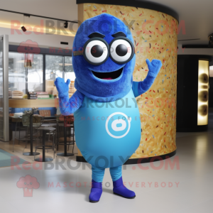 Blue Bagels mascot costume character dressed with a Leggings and Eyeglasses