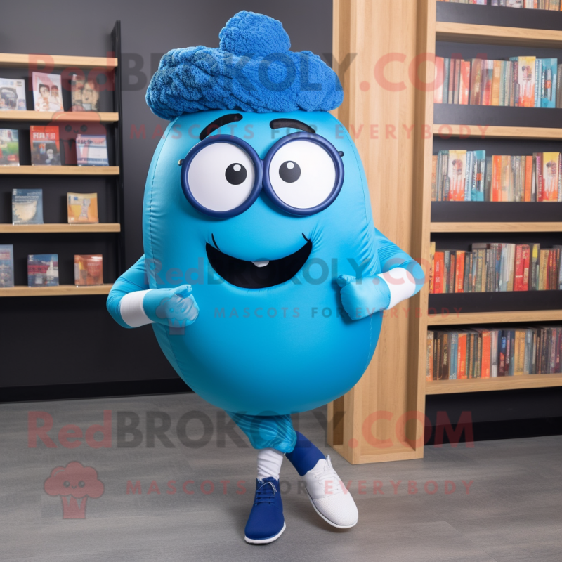 Blue Bagels mascot costume character dressed with a Leggings and Eyeglasses