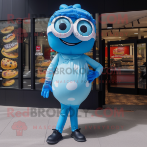 Blue Bagels mascot costume character dressed with a Leggings and Eyeglasses