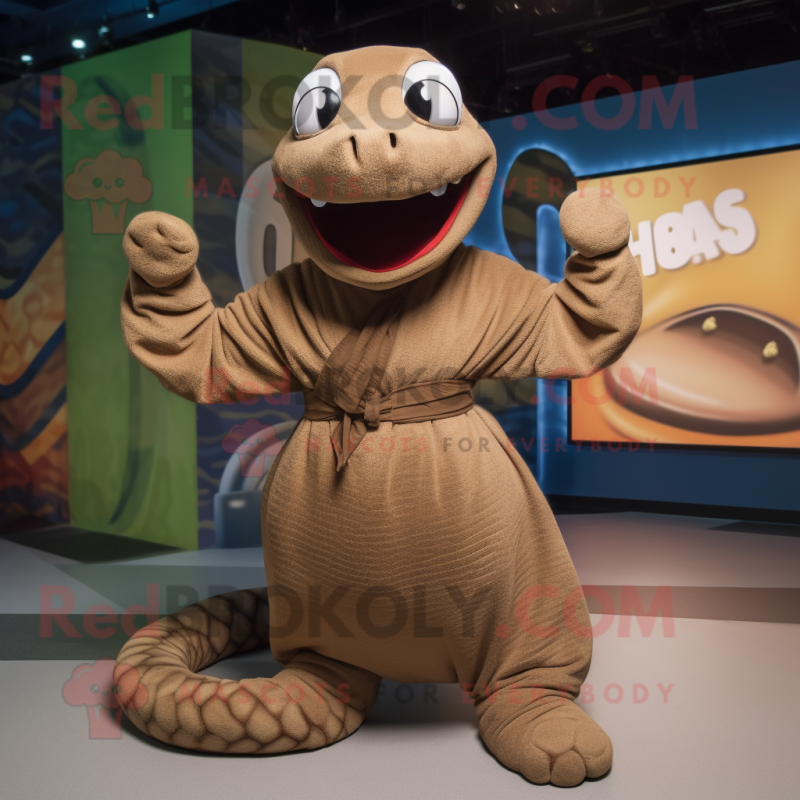 Brown Titanoboa mascot costume character dressed with a Sweater and Cummerbunds