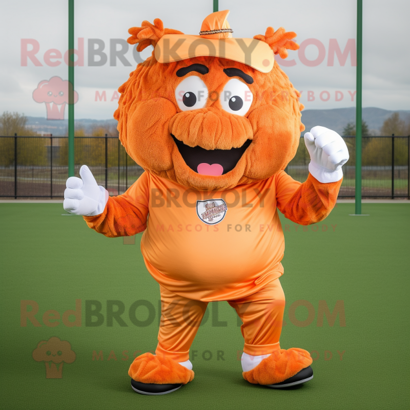 Orange Pulled Pork Sandwich mascot costume character dressed with a Running Shorts and Mittens Orange Pulled Pork Sandwich mascot costume character dressed with a Running Shorts and Mittens