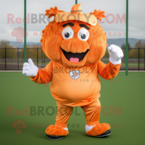 Orange Pulled Pork Sandwich mascot costume character dressed with a Running Shorts and Mittens
