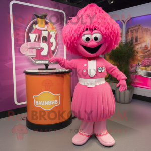 Pink Jambalaya mascot costume character dressed with a Culottes and Rings