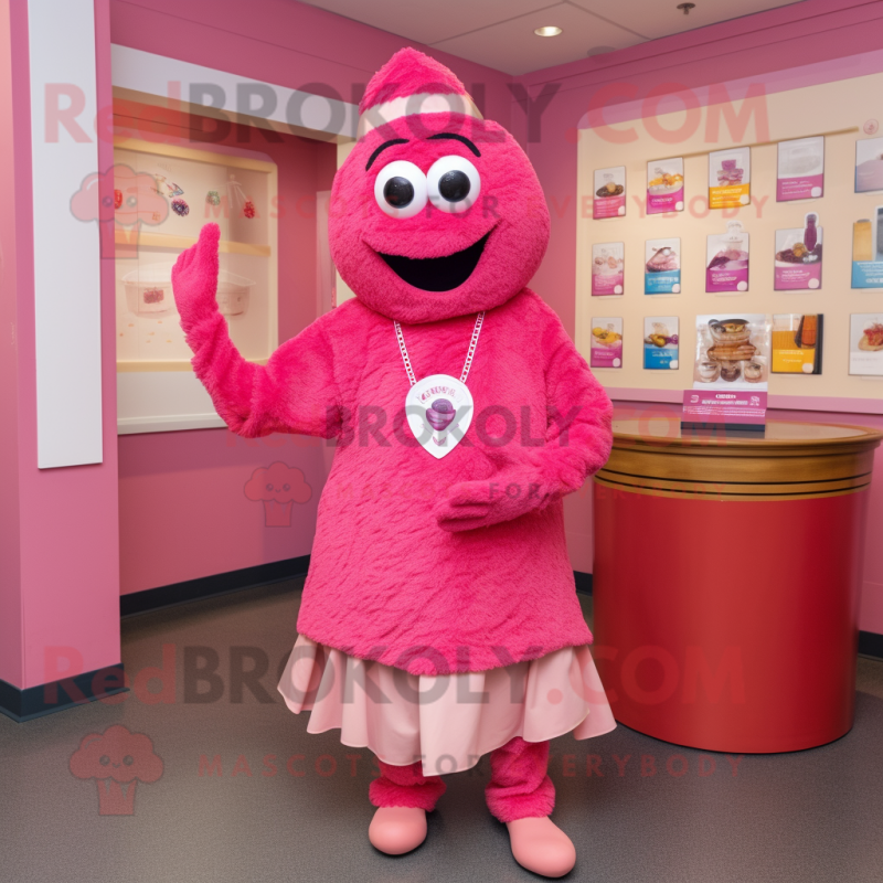 Pink Jambalaya mascot costume character dressed with a Culottes and Rings Pink Jambalaya mascot costume character dressed with a Culottes and Rings