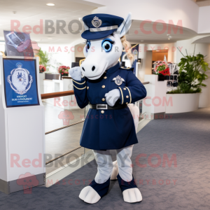 Navy Mare mascot costume character dressed with a Dress and Rings