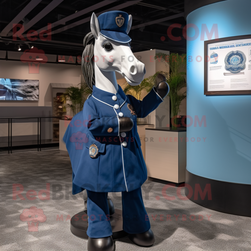 Navy Mare mascot costume character dressed with a Dress and Rings