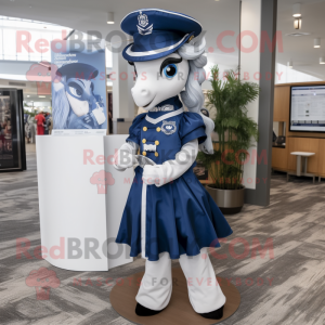 Navy Mare mascot costume character dressed with a Dress and Rings