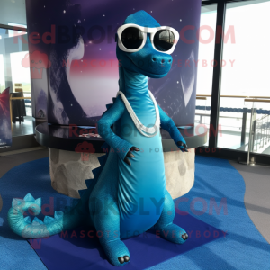 Navy Loch Ness Monster mascot costume character dressed with a Evening Gown and Sunglasses