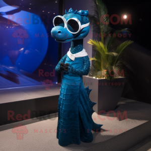 Navy Loch Ness Monster mascot costume character dressed with a Evening Gown and Sunglasses