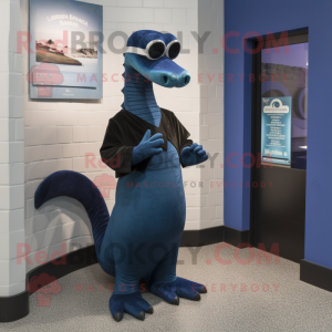 Navy Loch Ness Monster mascot costume character dressed with a Evening Gown and Sunglasses