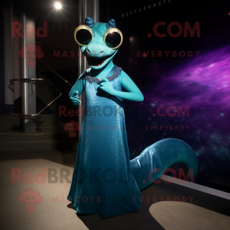 Navy Loch Ness Monster mascot costume character dressed with a Evening Gown and Sunglasses