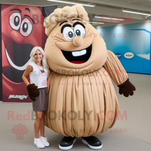 Tan Rugby Ball mascot costume character dressed with a Maxi Skirt and Shoe laces