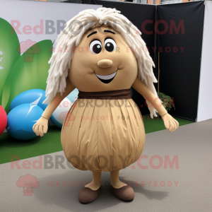 Tan Rugby Ball mascot costume character dressed with a Maxi Skirt and Shoe laces