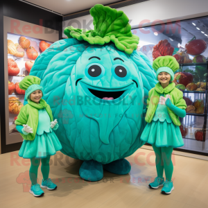 Turquoise Cabbage mascot costume character dressed with a Mini Dress and Coin purses
