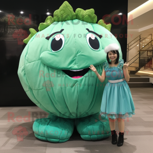 Turquoise Cabbage mascot costume character dressed with a Mini Dress and Coin purses