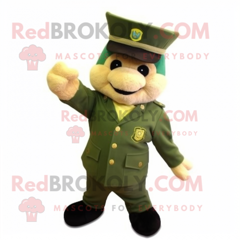 Gold Green Beret mascot costume character dressed with a Waistcoat and Mittens