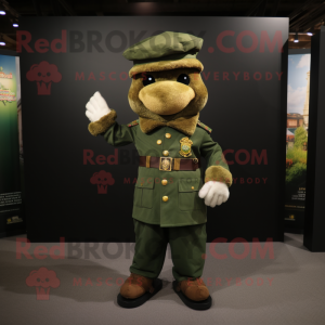 Gold Green Beret mascot costume character dressed with a Waistcoat and Mittens