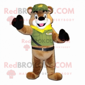 Gold Green Beret mascot costume character dressed with a Waistcoat and Mittens