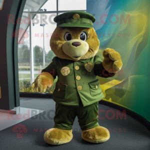 Gold Green Beret mascot costume character dressed with a Waistcoat and Mittens