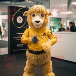 Gold Sheep mascot costume character dressed with a Romper and Smartwatches