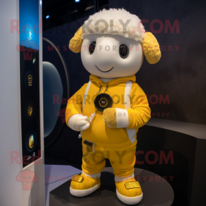 Gold Sheep mascot costume character dressed with a Romper and Smartwatches