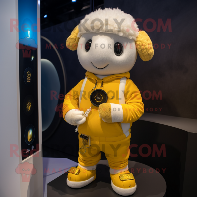 Gold Sheep mascot costume character dressed with a Romper and Smartwatches Gold Sheep mascot costume character dressed with a Romper and Smartwatches