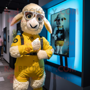 Gold Sheep mascot costume character dressed with a Romper and Smartwatches