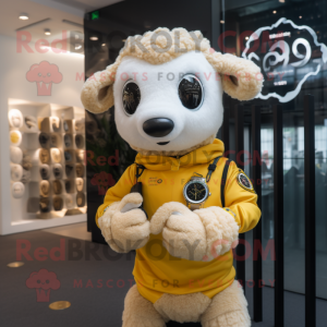 Gold Sheep mascot costume character dressed with a Romper and Smartwatches