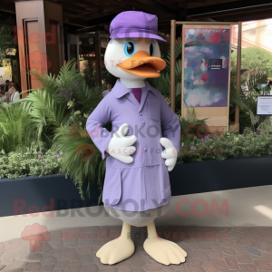 Lavender Geese mascot costume character dressed with a Chinos and Hats