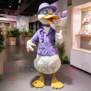 Lavender Geese mascot costume character dressed with a Chinos and Hats