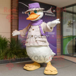 Lavender Geese mascot costume character dressed with a Chinos and Hats