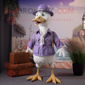 Lavender Geese mascot costume character dressed with a Chinos and Hats