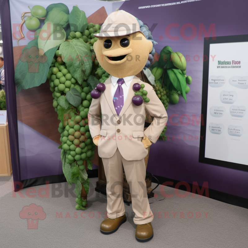 Tan Grape mascot costume character dressed with a Jacket and Tie pins