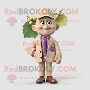 Tan Grape mascot costume character dressed with a Jacket and Tie pins