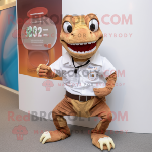 Brown Lizard mascot costume character dressed with a Poplin Shirt and Bracelet watches