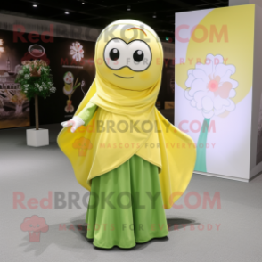 Lemon Yellow Four Leaf Clover mascot costume character dressed with a Maxi Skirt and Shawls